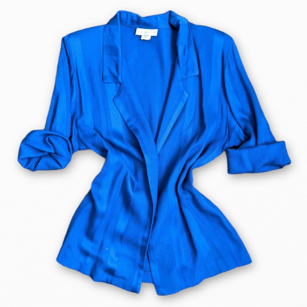 Vintage Blue Stripe 3/4 Sleeve Unlined Blazer Jacket Coat Cardigan